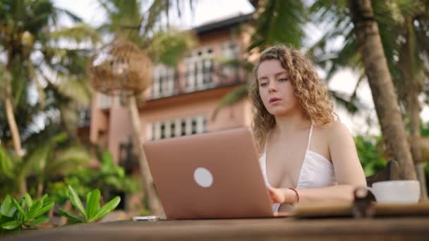 Female Developer Working Laptop Ocean Young Woman Freelancer Coding Outdoor — Video Stock