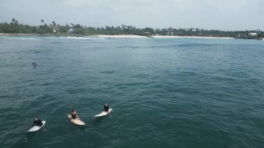 12 Ocak 2023 - Midigama, Sri Lanka. Sörf tahtalarındaki sörfçülerin üst hava görüntüsü Hint Okyanusu 'ndaki sörf yerinde mükemmel bir dalga bekliyor. Sörfçüler denizde sörf tahtalarında oturuyor.