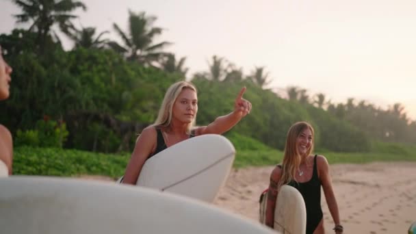 Chicas Surfistas Alegres Sosteniendo Tablas Surf Pie Playa Amanecer Surfistas — Vídeos de Stock