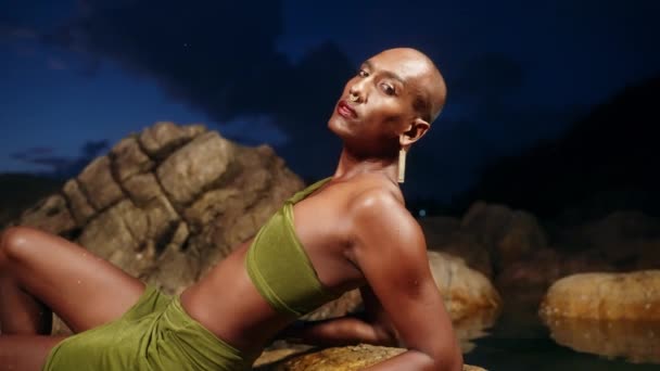 Gender Fluid Black Person Poses Gracefully Creek Waist Deep Natural — Stock Video