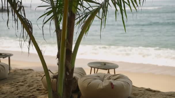 Вид Море Бегущими Волнами Зелеными Пальмами Столиками Кафе Стиле Фао — стоковое видео
