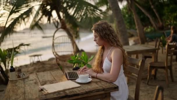 ラップトップの女性暗号通貨トレーダーは 日没時に屋外の熱帯海辺のカフェでリモートで働いているチャートをオンラインでチェックします 女性暗号ブローカーは 海による株式為替レートのグラフィックを分析します — ストック動画