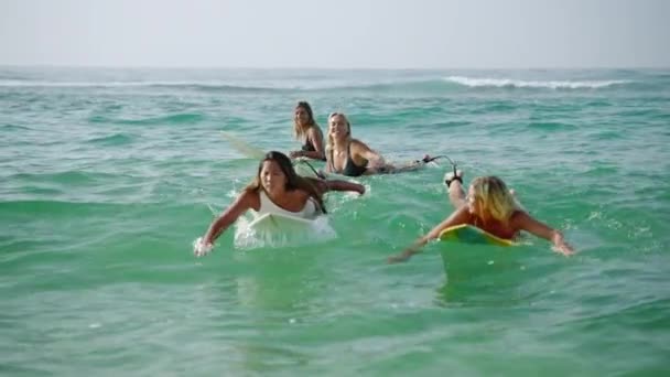 年轻的多种族女性冲浪者在冲浪板上划船 日出时在热带海滩乘风破浪 女朋友们喜欢在夏日破晓时分出去度假 享受户外生活和水上运动 — 图库视频影像
