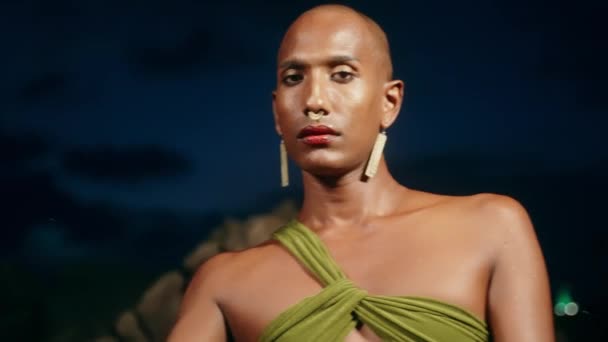 Lgbtq Black Person Poses Gracefully Night Scenic Rocky Location Slow — Stock Video