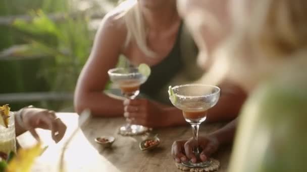 Diverse Vrouwelijke Vrienden Een Restaurant Het Dak Aan Zee Die — Stockvideo