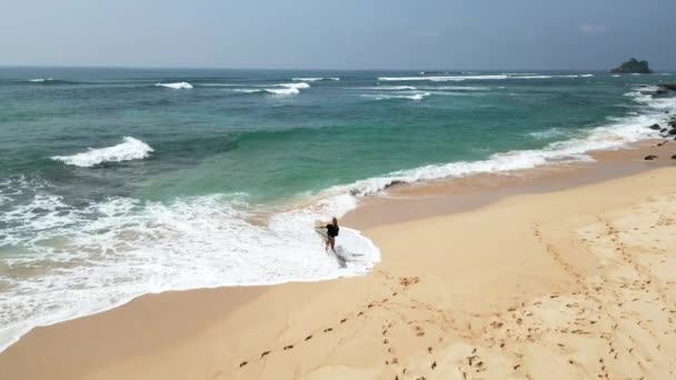 Surfer Dziewczyna Deską Surfingową Spaceruje Plaży Kierunku Widoku Przypływu Oceanu — Wideo stockowe