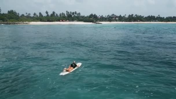 Młoda Surferka Wiosłująca Desce Surfingowej Kryształowej Wodzie Oceanu Malowniczej Tropikalnej — Wideo stockowe