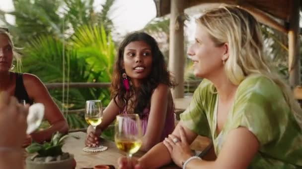 Diverse Vrouwelijke Vrienden Drinken Wijn Een Restaurant Met Zeezicht Het — Stockvideo