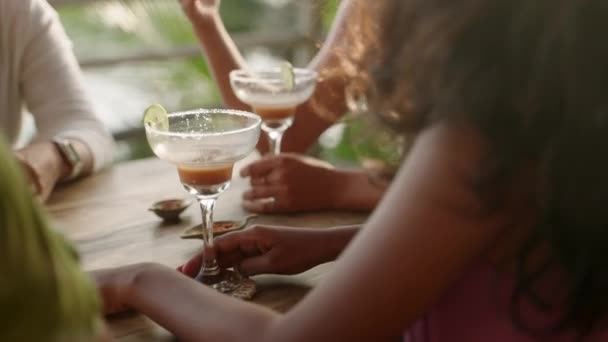 Diverse Vrouwelijke Vrienden Een Dak Uitzicht Zee Restaurant Chat Drinken — Stockvideo