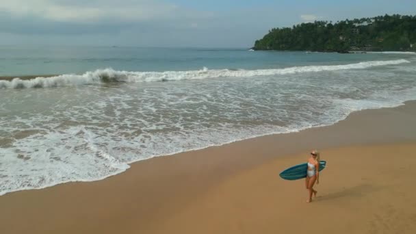 穿着比基尼的女冲浪手通过海空景观在海滩上进行冲浪行走 身着泳衣的年轻高加索女性从无人驾驶飞机上把冲浪板沿着潮水带向热带海域 — 图库视频影像
