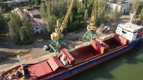 Spannmål Omlastas Från Container Till Fartyg Lastrum Med Dubbla Skopor — Stockvideo