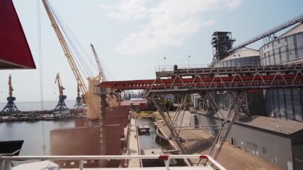 シーポートの海穀物ターミナルでバルカー船貨物コンテナへの穀物の積み込み 海港のトランクを介してシロスからバルク船への小麦の出荷 農産物の輸送 — ストック動画