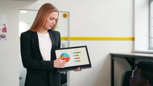 Business Woman Presents Report Shows Diagrams Tablet Conference Room Multiethnic — Vídeo de stock
