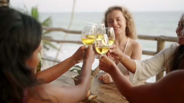 Donne Multirazziali Applausi Bicchieri Tintinnanti Con Vino Godendo Festa Cena — Video Stock