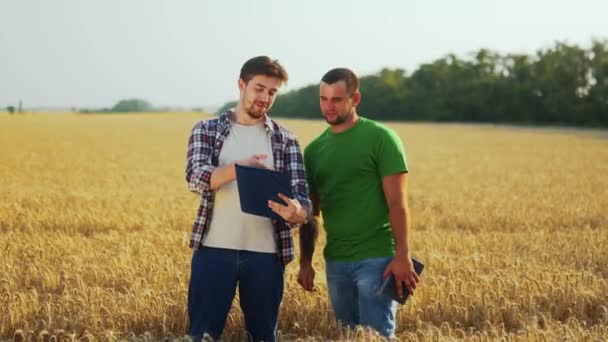 Fermier Comerciantul Semnează Acord Privind Aprovizionarea Cereale Mâna Câmpul Grâu — Videoclip de stoc