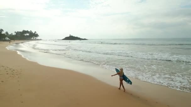 Mujer Surfista Bikini Sostiene Caminatas Tabla Surf Playa Por Vista — Vídeo de stock
