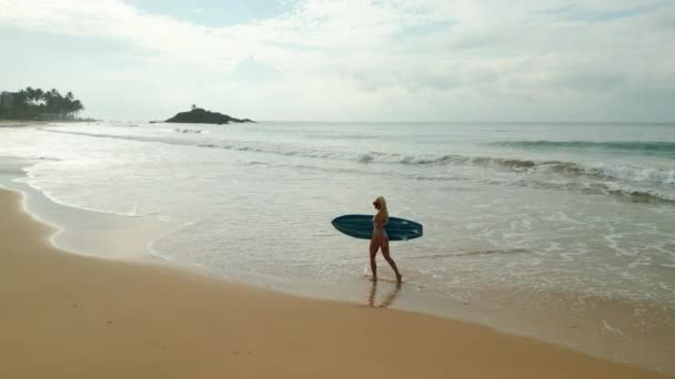 身穿泳衣的女冲浪者手持冲浪板在海滩上通过海空观看 穿着比基尼的年轻高加索女性从无人驾驶飞机的热带位置出发 沿着海滨的潮水带着冲浪板 — 图库视频影像