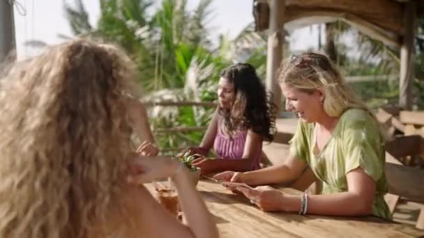 Diverse Women Friends Outdoor Restaurant Sipping Drinks Reading Menu Multiracial — Stock Video