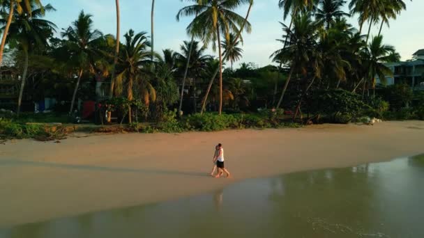 Pareja Cogida Mano Camina Playa Tropical Largo Marea Junto Océano — Vídeos de Stock