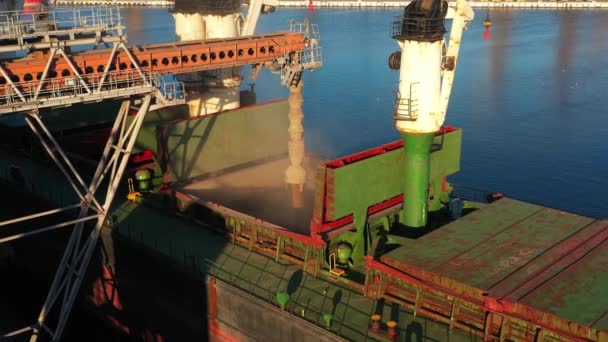 Luchtfoto Van Tarwebelading Naar Bulkerschip Vrachtruim Bij Zeegraanlift Zeehaven Tarwe — Stockvideo