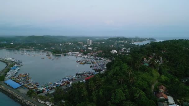 インド洋の海の眺めの島の漁業港 スリランカの小型カラフルな漁船がドローンで撮影したドッキーヤードに搭載された 魚市場の地元の港のトップショットに先行する小型船 — ストック動画