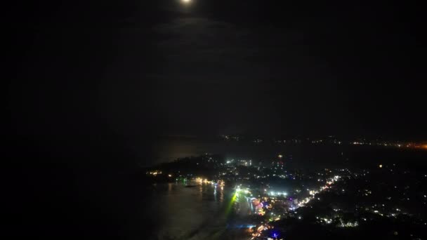 Sea Front Beach Nightclubs Moonlight Drone View Hyperlapse Seaside Cafes — Stock Video