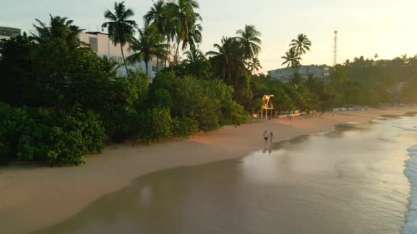 Couple Holding Hands Walks Tropical Beach Tide Ocean Sunrise Front — Stock Video