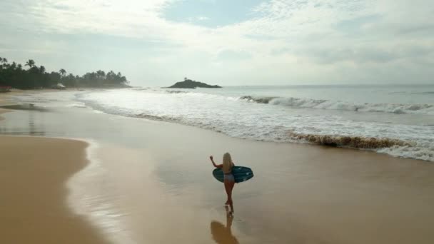 穿着泳衣的女冲浪手乘坐着冲浪板在海滩上从空中观看 穿着比基尼的年轻的高加索女性穿着比基尼 带着冲浪板在热带海域的海滨冲浪 — 图库视频影像