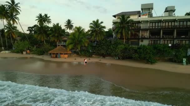 Gün Doğumunda Okyanus Kıyısında Tropikal Sahilde Ele Tutuşan Çift Hava — Stok video