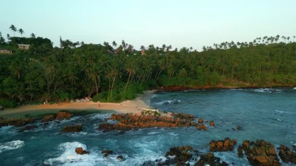 青緑色の海の中に緑の熱帯岩の島の波の空中ビューの垂直洗浄 スリランカのミリッサの秘密のビーチは ドローンからの劇的な暗い海の景色の映像に囲まれています — ストック動画
