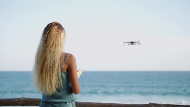 Drone Shoot Blonde Woman Video Blogger Talking Camera Tropical Island — Stock Video