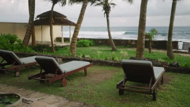Mavi Okyanus Dalgalarını Palmiye Ağaçlarını Gören Lüks Yüzme Havuzu Villasında — Stok video