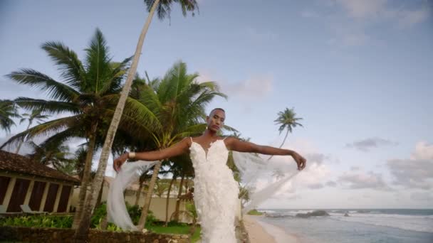 드레스를 안드로기노스 바람이 공중에서 베일을 세련된 가운에 열대에 야자수와 럭셔리 — 비디오