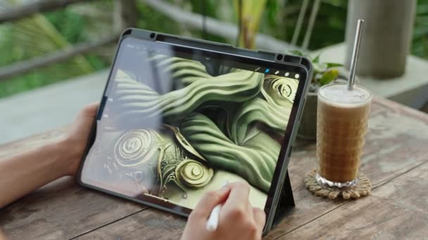 Manos Diseñadora Joven Dibujando Tableta Café Helado Mesa Cafetería Tropical — Vídeo de stock