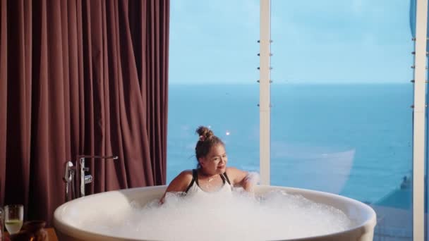 Asian Senior Woman Lying Warm Bath Bubbles Sea View Elderly — Stock Video