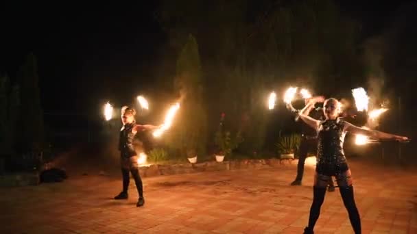 消防表演节目 艺术家们在夜间旋转燃烧的柱子 户外部落与火焰共舞 女舞蹈团在旅游胜地用火把表演 消防队在节日里玩杂耍 — 图库视频影像