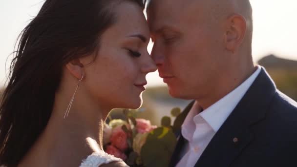 Mooie Bruid Bruidegom Wrijven Neus Bij Romantische Fotoshoot Huwelijksceremonie Gelukkig — Stockvideo