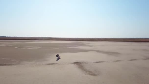 Aeriană Tineri Căsătoriți Care Merg Peisajul Deșert Nisipos Lacului Uscat — Videoclip de stoc