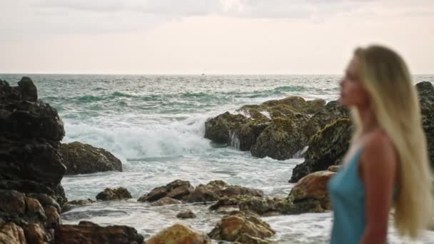 Een Schilderachtig Oceaanpanorama Absorberend Kalmeert Een Rustige Zeebries Haar Elegante — Stockvideo