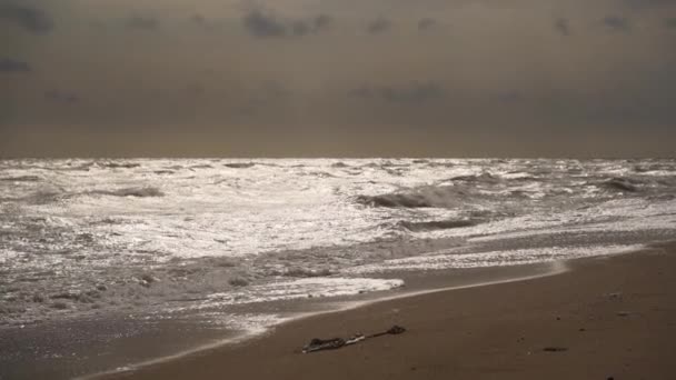 Dark Clouds Loom Overhead Sea Churns Powerfully Rough Waves Crash — Stock Video