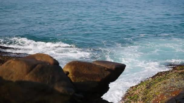 透明な青い水が海洋の力を明らかにする 海辺の岩に衝突する巨大な波 海のスプレーは海岸の近くの日光の下で輝きます 熱帯のシーンは海の壮大さを描いています 沿岸の風景 — ストック動画