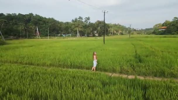 Luftaufnahme Folgt Alleinreisenden Tropischer Landschaft Schätzt Ökotourismus Frau Steht Üppigen — Stockvideo