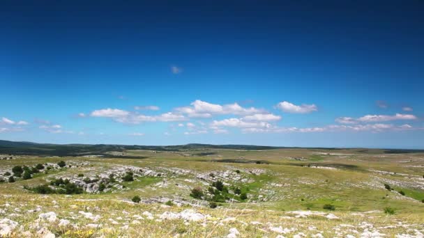 Weelderig Grasland Rotsachtig Terrein Pluizige Wolken Schoonheid Timelapse Van Serene — Stockvideo