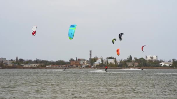 Extreme Sports Enthusiasts Perform Aerial Tricks Stunts Choppy Water Kiteboarders — Stock Video