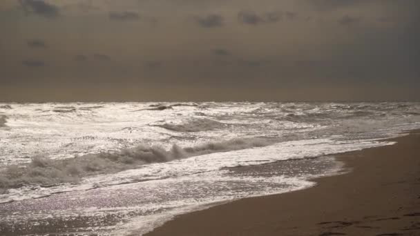 用于气象学 自然博士 气候变化教育的粗糙的海洋画面理想 汹涌的海浪在暴风雨的天空下冲撞在沙滩上 没有人 自然动态变化 海岸气候条件 — 图库视频影像