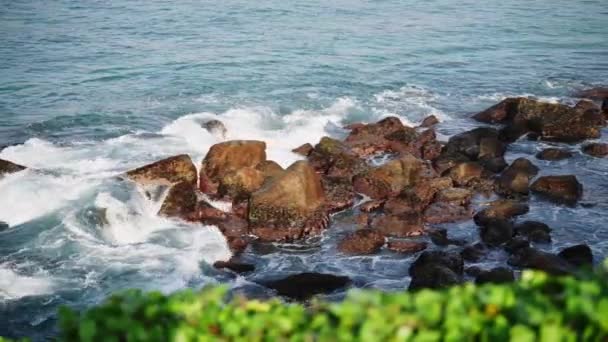 シーシェイプシーンは 海岸でのパワーを表現しています 海岸線に沿って激しい岩を衝突する フィルム エコプロジェクトの多様な使用のためのサーフィン 風光明媚な自然の美しさによって洗浄されるロッキーな海岸 — ストック動画