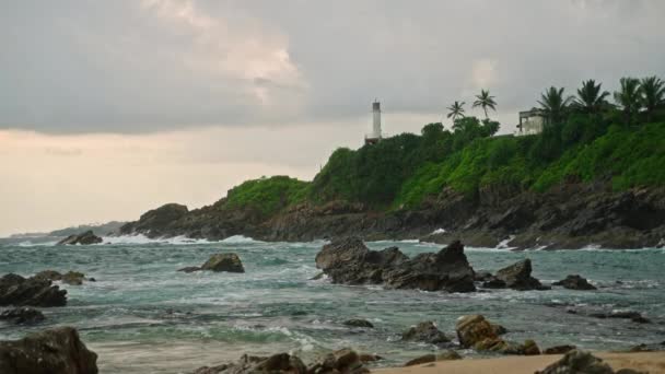 파도는 역사적인 비콘에 바람에 흔들리는 야자수 해안에 바다가 내려다 보이는 — 비디오