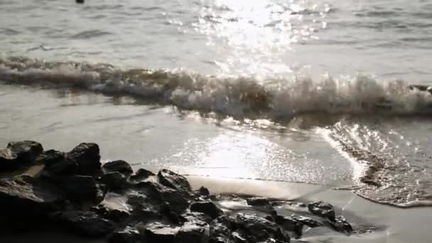 Gün Batımında Kayalık Deniz Kıyısında Küçük Dalgalar Akar Yakından Tropikal — Stok video