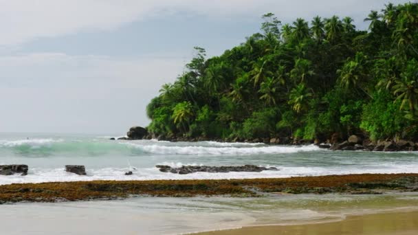 Mirissa Strand Lagune Sri Lanka Met Toeristen Surfen Golven Crashen — Stockvideo