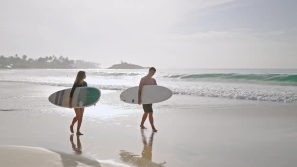 Surfistas Itinerantes Caminan Pareja Hablan Con Tablas Después Sesión Hombre — Vídeo de stock